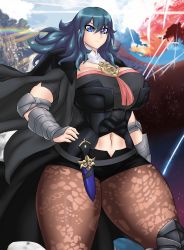 Rule 34 | 1girl, absurdres, blue eyes, bracer, breasts, byleth (female) (fire emblem), byleth (fire emblem), cape, cleavage, closed mouth, clothing cutout, cowboy shot, fire emblem, fire emblem: three houses, green hair, hand on own hip, highres, kyelyn, large breasts, long hair, navel, navel cutout, nintendo, pantyhose, pantyhose under shorts, serious, shorts, solo, thick thighs, thighs