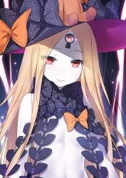 Rule 34 | 1girl, 47agdragon, abigail williams (fate), abigail williams (second ascension) (fate), black bow, black hat, blonde hair, bow, commentary request, fate/grand order, fate (series), hat, hat bow, head tilt, highres, long hair, looking at viewer, orange bow, pale skin, parted bangs, parted lips, red eyes, revealing clothes, smile, solo, stuffed animal, stuffed toy, teddy bear, topless, very long hair, witch hat