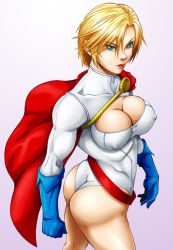 Rule 34 | 1girl, alien, ass, bad anatomy, belt, blonde hair, bouzu oyaji, breasts, cape, cleavage, cleavage cutout, clothing cutout, dc comics, covered erect nipples, female focus, gloves, green eyes, kryptonian, leotard, power girl, red cape, short hair, solo