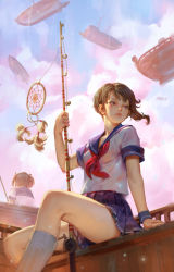 Rule 34 | 2girls, arm support, arm up, armband, black eyes, blouse, blue sailor collar, blue skirt, boat, brown eyes, brown hair, closed mouth, cloud, cloudy sky, day, dream catcher, female focus, fishing rod, highres, holding, holding fishing rod, image sample, kneehighs, looking afar, multiple girls, neckerchief, one side up, original, outdoors, pleated skirt, red neckerchief, sailor collar, school uniform, serafuku, shirt, short hair, short sleeves, sitting, skirt, sky, socks, solo focus, timbougami, two side up, uniform, upper body, watercraft, white legwear, white shirt
