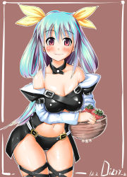 Rule 34 | bare shoulders, blue hair, blush, bow, bowl, breasts, buckle, detached collar, dizzy (guilty gear), guilty gear, hair ribbon, large breasts, long hair, looking at viewer, midriff, navel, red eyes, ribbon, smile, takasaka donten, thigh strap, underwear