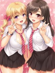 Rule 34 | 2girls, :d, asymmetrical docking, blonde hair, blush, bow, bracelet, breast press, breasts, brown eyes, brown hair, brown skirt, buttons, chihiro (nariyuki papakatsu girls!!), cleavage, collarbone, collared shirt, courreges ace, cowboy shot, dress shirt, earrings, eri (nariyuki papakatsu girls!!), fingernails, hair bobbles, hair bow, hair ornament, heart, heart necklace, highres, holding hands, jewelry, large breasts, long fingernails, long hair, long sleeves, looking at viewer, miniskirt, multiple girls, nariyuki papakatsu girls!!, necklace, necktie, no bra, open mouth, pink bow, pleated skirt, purple eyes, school uniform, shiny skin, shirt, shirt tucked in, skirt, sleeves rolled up, smile, standing, striped neckwear, tongue, twintails, unbuttoned, unbuttoned shirt, v, white shirt, wing collar