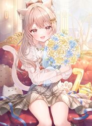 Rule 34 | 1girl, :d, animal ears, babupipi, bouquet, brown dress, brown eyes, candle, candlelight, candlestand, cat ears, cat girl, cat tail, couch, dress, flower, happy anniversary, highres, holding, holding bouquet, indie virtual youtuber, light brown hair, long hair, long sleeves, on couch, open mouth, pinafore dress, plaid, plaid dress, ponytail, puffy long sleeves, puffy sleeves, see-through, see-through sleeves, serino itsuki, shirt, sitting, sleeveless, sleeveless dress, smile, tail, virtual youtuber, white shirt, window