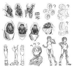 Rule 34 | 1girl, :t, ?, ??, art study, breasts, camouflage, camouflage jacket, check commentary, cleavage, clenched hands, commentary request, crossed arms, disembodied foot, exploded diagram, furrowed brow, gears, glasses, greyscale, hand up, hands on own hips, heel up, hololive, jacket, joints, knees, magari (c0rn3r), mechanical arms, mechanical legs, mechanical parts, medium breasts, monochrome, multiple views, nude, pout, roboco-san, roboco-san (1st costume), robot joints, short hair, short sleeves, simple background, sketch, solid oval eyes, standing, translation request, turnaround, virtual youtuber
