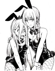 Rule 34 | 2girls, animal ears, arm around shoulder, bad id, bad twitter id, bare arms, bare shoulders, bow, bowtie, braid, braided ponytail, breasts, chainsaw man, cleavage, demon girl, demon horns, fake animal ears, fishnets, hair over one eye, highres, horns, kogureya7, leotard, light smile, long hair, looking at viewer, makima (chainsaw man), medium breasts, monochrome, multiple girls, nervous, pantyhose, playboy bunny, power (chainsaw man), rabbit ears, rabbit tail, ringed eyes, scared, small breasts, smile, sweat, nervous sweating, tail, very long hair, white neckwear