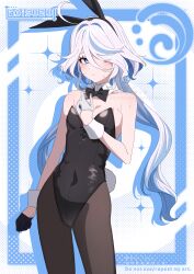 Rule 34 | 1girl, animal ears, aoi suzu, black leotard, blue eyes, blue hair, blush, brown pantyhose, covered navel, cowlick, detached collar, fake animal ears, fake tail, flat chest, furina (genshin impact), genshin impact, gloves, highleg, highleg leotard, highres, hydro symbol (genshin impact), leotard, light blue hair, long hair, looking at viewer, multicolored hair, oversized breast cup, pantyhose, playboy bunny, rabbit ears, rabbit tail, solo, streaked hair, swept bangs, tail, thighs, white hair, wrist cuffs