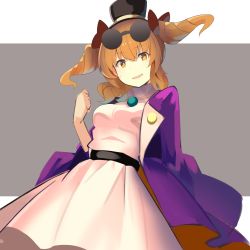 Rule 34 | 1girl, belt, black belt, black hat, bow, breasts, clenched hand, coat, commentary request, cowboy shot, dress, eyewear on head, falken (yutozin), grey background, hair between eyes, hair bow, hand up, hat, head tilt, highres, jewelry, long sleeves, looking at viewer, medium breasts, mini hat, mini top hat, one-hour drawing challenge, open clothes, open coat, open mouth, orange eyes, orange hair, pendant, purple coat, red bow, round eyewear, short hair, smile, solo, sunglasses, top hat, touhou, twintails, two-tone background, white background, white dress, wide sleeves, yorigami jo&#039;on