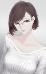 Rule 34 | 1girl, brown eyes, brown hair, erise, glasses, grey background, highres, lips, looking at viewer, original, parted lips, ribbed shirt, shirt, short hair, simple background, solo, upper body, white shirt