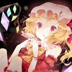 Rule 34 | 1girl, adapted costume, bare shoulders, blonde hair, bow, bowtie, collared shirt, crystal, dark background, detached sleeves, flandre scarlet, frilled shirt collar, frills, hat, huang bao b, medium hair, mob cap, multicolored wings, nail polish, one side up, open mouth, red eyes, red nails, shirt, simple background, touhou, white hat, wings, yellow bow, yellow bowtie