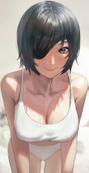 Rule 34 | 1girl, absurdres, bare shoulders, black hair, blurry, blurry background, blush, breasts, chainsaw man, cleavage, commentary, commentary request, eyepatch, green eyes, highres, himeno (chainsaw man), large breasts, leaning forward, looking at viewer, panties, riki (riki unc), short hair, simple background, smile, solo, tank top, underwear, underwear only, white panties, white tank top