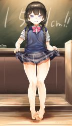 Rule 34 | 1girl, barefoot, black hair, black skirt, blue eyes, blue sweater, board eraser, bow, bowtie, braid, chalkboard, classroom, clothes lift, commentary, dress shirt, feet, full body, hair ornament, hair over shoulder, hair tie, hairclip, highres, indoors, inu (aerodog), legs, lifting own clothes, long hair, looking at viewer, nijisanji, parted lips, pink bow, pink bowtie, school uniform, shirt, short sleeves, skirt, skirt lift, smile, solo, standing, sweater, sweater vest, toes, toes up, tsukino mito, tsukino mito (3rd costume), twin braids, twitter username, v-neck, virtual youtuber, white shirt, wooden floor