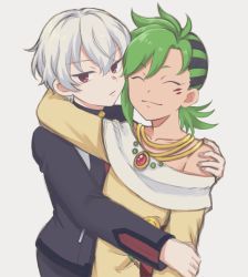 Rule 34 | 2boys, arm around neck, black hair, facial mark, green hair, highres, hug, jewelry, looking at viewer, male focus, mauro abelard, multicolored hair, multiple boys, necklace, red eyes, riku son, shadowverse, shadowverse (anime), silver hair, simple background, smile, spiked hair, trap, tunic, two-tone hair, white background, yaoi, yonazuki luca