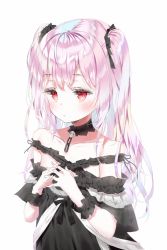 Rule 34 | 1girl, bad id, bad pixiv id, bare shoulders, black choker, black dress, black scrunchie, blush, choker, closed mouth, collarbone, commentary request, dress, hair ornament, hair scrunchie, hands up, hololive, interlocked fingers, long hair, looking at viewer, off-shoulder dress, off shoulder, pink hair, qlakwnd, red eyes, scrunchie, simple background, skull, solo, two side up, upper body, uruha rushia, virtual youtuber, white background, wrist scrunchie