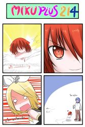 Rule 34 | 2girls, 4koma, animal, animal ears, animal on head, blonde hair, blue hair, blush, cat ears, catstudioinc (punepuni), chasing, chibi, comic, detached sleeves, dress, closed eyes, fish, hair ribbon, hamster, heart, highres, jumping, kagamine rin, kaito (vocaloid), midriff, multiple girls, o o, on head, open mouth, original, outstretched arms, pants, puni (miku plus), red eyes, red hair, ribbon, running, scarf, shirt, short hair, shorts, sleeveless, sleeveless shirt, smile, smirk, thai text, translation request, tripping, vocaloid, white dress