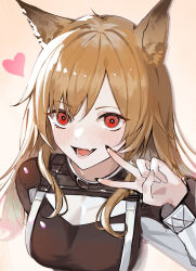 Rule 34 | 1girl, absurdres, animal ears, arknights, arm at side, beige background, belt, belt buckle, belt collar, black nails, blush, breasts, brown hair, buckle, ceobe (arknights), collar, commentary request, dog ears, fang, hair between eyes, heart, highres, krin (krinnin), long hair, long sleeves, looking at viewer, nail polish, open mouth, red eyes, simple background, skin fang, smile, solo, teeth, upper body, v
