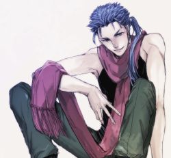Rule 34 | 1boy, 5 (femfamme), bad id, bad pixiv id, bare shoulders, blue hair, casual, cu chulainn (fate), cu chulainn (fate/stay night), earrings, fate/stay night, fate (series), jewelry, long hair, male focus, ponytail, red eyes, scarf, solo