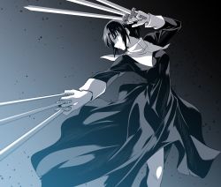 Rule 34 | 1girl, black dress, blue eyes, ciel (tsukihime), cowboy shot, dress, dual wielding, fighting stance, highres, holding, holding knife, ishiyumi, knife, looking back, looking down, looking to the side, monochrome, profile, short hair, solo, spot color, tsukihime