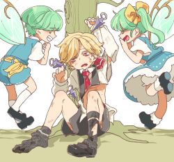 Rule 34 | 1girl, 2boys, ^ ^, against tree, ahoge, ankle socks, arm up, asymmetrical legwear, bags under eyes, belt, black footwear, black shorts, black socks, black vest, blonde hair, bloomers, blue shorts, blue skirt, blue vest, blush, bobby socks, bow, bright pupils, clenched hand, closed eyes, colored eyelashes, d:, daiyousei, dirty, dirty clothes, dirty face, dual persona, eye contact, eyes visible through hair, fairy, fairy wings, flying, from behind, from side, full body, gameplay mechanics, genderswap, genderswap (ftm), green eyes, green hair, grin, hair bow, half-closed eyes, hand to own mouth, hand up, hands up, jpeg artifacts, kneehighs, knees up, laughing, leg up, long hair, long sleeves, looking at another, looking to the side, loose socks, mary janes, medium skirt, midriff peek, multiple boys, necktie, ocha (kinnkonnsousai), open mouth, outdoors, parted bangs, petticoat, pinned, plant roots, profile, puffy long sleeves, puffy sleeves, red eyes, red necktie, red ribbon, restrained, ribbed legwear, ribbon, rumia, scared, shirt, shoe soles, shoes, short sleeves, shorts, side ponytail, single shoe, sitting, skirt, skirt set, smile, socks, sweat, torn clothes, torn legwear, torn necktie, torn shirt, torn shorts, torn sleeves, torn socks, torn vest, touhou, tree, underwear, uneven legwear, vest, white background, white bloomers, white pupils, white shirt, white socks, wings, yellow belt, yellow bow