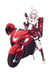 Rule 34 | 1girl, :d, absurdres, antenna hair, bare shoulders, black footwear, blue eyes, boots, braid, cellphone, chinese text, full body, gloves, hair between eyes, hair ornament, hairpin, highres, holding, holding phone, honkai (series), honkai impact 3rd, jacket, kfc, kiana kaslana, litsvn, long hair, long sleeves, looking at viewer, motor vehicle, motorcycle, open mouth, phone, red gloves, red jacket, simple background, sleeveless, smartphone, smile, solo, twin braids, white background, white hair