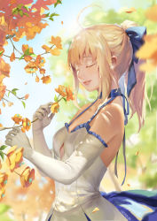 Rule 34 | 1girl, absurdres, ahoge, artist name, artoria pendragon (all), artoria pendragon (fate), blonde hair, blue bow, bow, breasts, captain an, cleavage, closed eyes, collarbone, day, dress, elbow gloves, fate/unlimited codes, fate (series), flower, gloves, hair bow, high ponytail, highres, long hair, outdoors, parted lips, saber (fate), saber (pure night dress) (fate), saber lily, sleeveless, sleeveless dress, small breasts, solo, upper body, white dress, white gloves, yellow flower