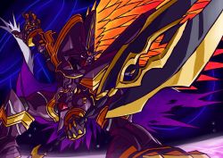 Rule 34 | 10s, absurdres, alphamon, alphamon ouryuken, armor, bandai, battle, cape, claws, digimon, digimon adventure tri., full armor, gradient background, highres, kyūkyoku senjin ouryūken, male focus, monster, no humans, royal knights, shoulder pads, solo, sword, weapon, wings