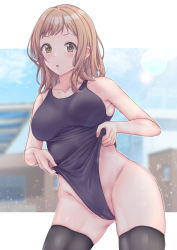 Rule 34 | 1girl, :o, aga marino, bare arms, bare shoulders, black thighhighs, blush, breasts, brown eyes, brown hair, cameltoe, cleft of venus, clothes lift, collarbone, contrapposto, cowboy shot, highleg, highleg swimsuit, idolmaster, idolmaster shiny colors, large breasts, looking at viewer, medium hair, one-piece swimsuit, outdoors, parted lips, sakuragi mano, skindentation, solo, sunlight, sweat, swimsuit, swimsuit lift, thighhighs