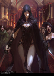 Rule 34 | 1girl, artist name, bayard wu, black hair, breasts, cleavage, dated, elf, faceless, faceless female, faceless male, fangs, feathers, hat, highres, hood, legend of the cryptids, long hair, mask, nail polish, official art, open mouth, pointy ears, solo, solo focus, sword, vampire, watermark, weapon, web address
