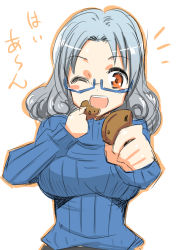 Rule 34 | 1girl, ;d, aged down, blue-framed eyewear, blush stickers, cookie, cookie clicker, eating, eyebrows, feeding, food, glasses, grandma (cookie clicker), grey hair, holding, holding food, incoming food, looking at viewer, one eye closed, open mouth, outstretched arm, pov feeding, red eyes, ribbed sweater, semi-rimless eyewear, simple background, sketch, smile, solo, sweater, takuji (dekosenn), under-rim eyewear, upper body, white background, wink