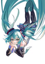 Rule 34 | 1girl, green eyes, green hair, hatsune miku, highres, lying, nemari (user wtca7244), on stomach, solo, twintails, vocaloid
