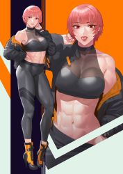 Rule 34 | 1girl, absurdres, bare shoulders, blunt bangs, boots, breasts, collarbone, damegane, high heel boots, high heels, highres, large breasts, long sleeves, looking at viewer, muscular, muscular female, navel, open mouth, original, short hair, solo