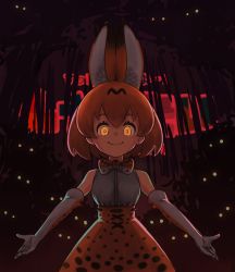Rule 34 | 10s, animal ears, bare shoulders, blush, bow, bowtie, commentary request, dark, dress, elbow gloves, gloves, glowing, glowing eyes, highres, kemono friends, looking at viewer, night, serval (kemono friends), serval print, sleeveless, sleeveless dress, smile, yellow eyes, yshr
