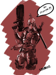 Rule 34 | 1boy, absurdres, belt, belt pouch, deadpool, deadpool (series), english text, gun, highres, holding, holding gun, holding weapon, male focus, marvel, mask, pointing, pouch, red theme, scabbard, sheath, sheathed, signature, solo, speech bubble, starcat, sword, weapon, weapon on back