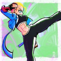 Rule 34 | 1girl, abs, antenna hair, black gloves, black pants, black sports bra, blonde hair, blue eyes, blue jacket, breasts, cammy white, clenched hands, commentary, english commentary, fingerless gloves, from side, gloves, high kick, highres, jacket, jaliet exe, kicking, medium breasts, midriff, open clothes, open jacket, pants, short hair, solo, sports bra, street fighter, street fighter 6, thighs, vambraces, yoga pants
