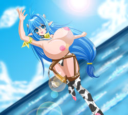Rule 34 | 1girl, absurdres, animal ears, animal print, arm up, bell, bikini, blue eyes, blue hair, bouncing breasts, breasts, cleavage, cloud, cow ears, cow girl, cow horns, cow print, cow tail, dutch angle, female focus, gigantic breasts, happy, highres, hokuou fuhai, horns, lens flare, long hair, low-tied long hair, matching hair/eyes, muchigaku, nipples, ocean, open mouth, original, outdoors, pointy ears, rebecca (muchigaku), running, shiny skin, sky, smile, solo, sun, swimsuit, tagme, tail, thighs, topless, very long hair, water