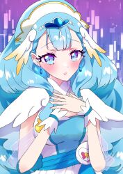 Rule 34 | 1girl, absurdres, blue eyes, blue hair, breasts, cure ange, dress, earrings, gradient background, hands on own chest, hat, head wings, heart pouch, highres, hugtto! precure, jewelry, long hair, looking at viewer, magical girl, medium breasts, mikorin, nurse cap, precure, purple background, see-through, see-through sleeves, smile, thick eyelashes, upper body, very long hair, wings, wrist cuffs