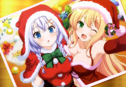 Rule 34 | 2girls, :o, ;d, absurdres, armpits, blonde hair, blue eyes, blue hair, breast press, breasts, candy, candy cane, christmas, cleavage, cyberagent, food, girlfriend (kari), green eyes, hat, highres, large breasts, long hair, mochizuki erena, multiple girls, murakami fumio, navel, non-web source, nyantype, official art, one eye closed, open mouth, reaching, reaching towards viewer, santa costume, santa hat, selfie, smile, twintails, very long hair, wreath, yuri