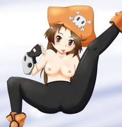 Rule 34 | 1girl, :p, arc system works, blush, breasts, brown eyes, brown hair, fingerless gloves, gloves, guilty gear, hat, may (guilty gear), nipples, pantyhose, pirate hat, solo, tongue, tongue out, topless, yu yun