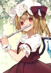 Rule 34 | 1girl, blonde hair, blush, collared shirt, crystal, flandre scarlet, flower, flute, frilled shirt collar, frills, hair between eyes, hat, highres, holding, holding instrument, instrument, long hair, mob cap, music, one side up, playing instrument, red eyes, red skirt, red vest, shirt, short sleeves, skirt, solo, touhou, upper body, vest, white flower, white hat, white shirt, wings, wrist cuffs, yuineko