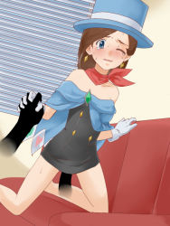Rule 34 | 1girl, bare shoulders, blush, bottomless, breasts, brown hair, capcom, cloak, clothed sex, couch, cowgirl position, dress, earrings, flat chest, fuugetsu, girl on top, gloves, ace attorney, hat, jewelry, trucy wright, no panties, sex, short hair, skirt, solo, straddling, strapless, strapless dress, tears, top hat, vaginal
