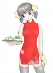 Rule 34 | 00s, 1girl, bare arms, bare shoulders, china dress, chinese clothes, dress, drill hair, flower, grey hair, grey thighhighs, hair flower, hair ornament, holding, holding tray, maria-sama ga miteru, matsudaira touko, peony (flower), purple eyes, red dress, short dress, short twintails, simple background, skirt, sleeveless, sleeveless dress, smile, solo, thighhighs, tray, twin drills, twintails, white background, zettai ryouiki