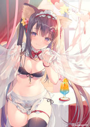 Rule 34 | 1girl, animal ear fluff, animal ears, apron, bikini, black bikini, black hair, black thighhighs, bow, bowtie, breasts, cat ears, cleavage, cowboy shot, cup, curtains, detached collar, drinking glass, drinking straw, flower, front-tie bikini top, front-tie top, hair flower, hair ornament, hairclip, headdress, holding, hurricane glass, long hair, looking at viewer, maid, maid apron, maid bikini, maid headdress, medium breasts, midriff, miwabe sakura, mole, mole above mouth, mole under eye, navel, orange eyes, original, side-tie bikini bottom, skindentation, smile, solo, stomach, swimsuit, thigh strap, thighhighs, thighs, tropical drink, twintails, unconventional maid, very long hair, waist apron