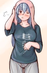 Rule 34 | 00s, 1girl, :t, blush, breasts, casual, clothes writing, large breasts, long hair, object on head, aged up, one eye closed, rozen maiden, scratching, shirt, sigh, silver hair, solo, suigintou, t-shirt, towel, towel on head, tsuda nanafushi, wink