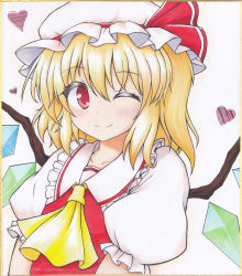 Rule 34 | 1girl, ;), aka tawashi, ascot, blonde hair, blush, closed mouth, collarbone, colored pencil (medium), flandre scarlet, frilled shirt collar, frills, hat, hat ribbon, heart, looking at viewer, mob cap, one eye closed, puffy short sleeves, puffy sleeves, red eyes, red ribbon, ribbon, shikishi, short sleeves, side ponytail, simple background, smile, solo, touhou, traditional media, upper body