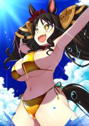 Rule 34 | 1girl, animal ears, bikini, black hair, breasts, cloud, commentary request, fang, highres, horse ears, horse girl, horse tail, large breasts, lens flare, looking to the side, marvelous sunday (umamusume), navel, outstretched arms, sky, solo, spread arms, swimsuit, tail, twintails, umamusume, water, zasshu nigou