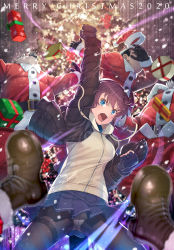 Rule 34 | 1girl, 3boys, ankle boots, beard, belt buckle, black coat, black gloves, black pantyhose, blue eyes, blue skirt, boots, box, breasts, brown footwear, buckle, cardigan, christmas girl (itou), christmas tree, clenched hand, coat, commentary request, cowboy shot, drawstring, facial hair, fighting, fingerless gloves, gift, gift box, gloves, highres, hood, hood down, hooded cardigan, itou (onsoku tassha), long sleeves, looking at viewer, medium breasts, merry christmas, miniskirt, multiple boys, open clothes, open coat, original, outdoors, panties, panties under pantyhose, pants, pantyhose, pantyshot, pleated skirt, purple hair, red pants, santa claus, santa costume, short hair, skirt, snowing, thighband pantyhose, underwear, upskirt, v-shaped eyebrows, white panties, yellow cardigan