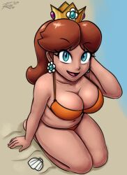 Rule 34 | 1girl, absurdres, arm support, artist name, bare arms, bare shoulders, barefoot, beach, belly, bikini, blue eyes, body freckles, breasts, brown hair, cleavage, collarbone, colorized, crown, earrings, eyelashes, flipped hair, flower earrings, freckles, full body, tucking hair, highres, jewelry, large breasts, lips, looking at viewer, mario (series), medium hair, navel, nintendo, open mouth, orange bikini, outdoors, parted bangs, princess daisy, purple lips, revtilian, seashell, seiza, shell, sitting, smile, solo, soubriquetrouge, super mario land, swimsuit, tan, thighs, water