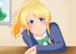 Rule 34 | 1girl, absurdres, artist request, ayase eli, blonde hair, blue eyes, blush, bow, bowtie, buttons, collared shirt, earrings, female focus, hair bow, highres, jewelry, loafers, long hair, looking at viewer, love live!, love live! school idol project, minase013, neckwear request, otonokizaka school uniform, parted lips, ponytail, school uniform, scrunchie, shirt, shoes, short hair, short sleeves, smile, solo, striped, striped bow, sweater vest, vest, white scrunchie