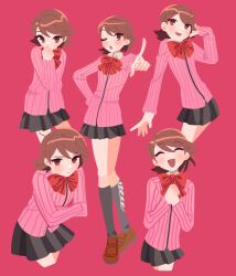 Rule 34 | 1girl, black skirt, black socks, blush, bow, bowtie, brown eyes, brown footwear, brown hair, cardigan, closed eyes, closed mouth, collared shirt, commentary, cowboy shot, cropped legs, english commentary, expressions, facing viewer, full body, gekkoukan high school uniform, hand on own hip, hand to own mouth, hand up, highres, kneehighs, looking at viewer, melkymelkii, miniskirt, multiple views, one eye closed, open mouth, own hands together, persona, persona 3, pink background, pink cardigan, pink theme, pleated skirt, pointing, pointing at viewer, red bow, red bowtie, ribbed cardigan, school uniform, shirt, short hair, shy, skirt, smile, socks, takeba yukari, white shirt
