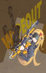 1girl absurdres black_gloves black_pants blindfold blonde_hair boots fingerless_gloves fingernails gloves gun gunblade hair_ornament highres holding holding_gun holding_weapon long_hair pants parted_bangs ponytail rifle rs_who_likes_painting sniper_rifle solo trigger_(zenless_zone_zero) weapon zenless_zone_zero