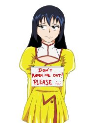 Rule 34 | 1girl, absurdres, agent aika, aika (series), artist request, blue hair, brown eyes, cleavage cutout, clothing cutout, delmo, delmogeny uniform, dress, golden delmo, highres, long hair, long sleeves, looking away, puffy sleeves, rie petoriyacowa, sign holding, standing, uniform, upper body, yellow dress